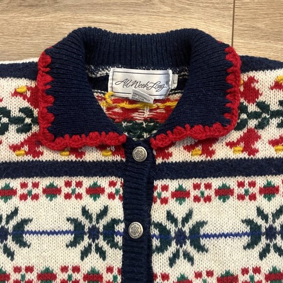 Christmas Cardigan Sweater SZ Large Fair Isle Holiday Trees 100% Wool Collared - Picture 8 of 13
